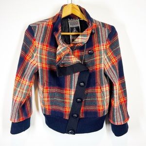 L.A.M.B. Navy Plaid Wool Blend Bomber Jacket with Red and Green Accents